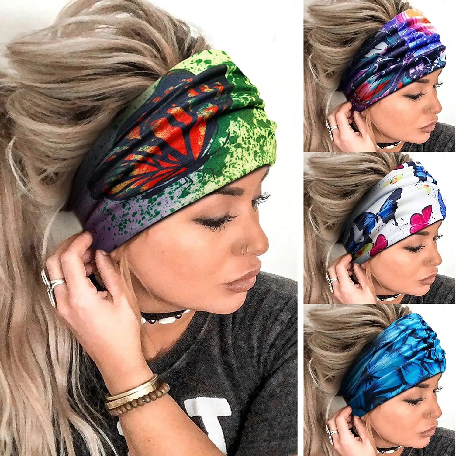 Boho Wide Turban Flower Butterfly Pattern Print Fasce Knot Elastics Running Yoga Workout Head Wraps For Women Girls