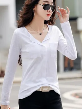 2025 طويلة الأكمام الخريف الشتاء النساء سلوب القطن تي شيرت الإناث الأخضر الخامس الرقبة بلون تي شيرت القهوة الكورية لينة فضفاض القمم 5