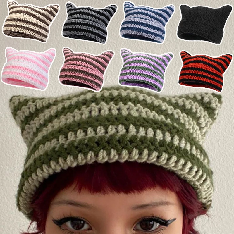 

Y2K Japanese Style Streetwear Harajuku Beanie Hat Little Devil Striped Knitted Hats Women Autumn Winter Bonnet Cute Cat Ears Cap