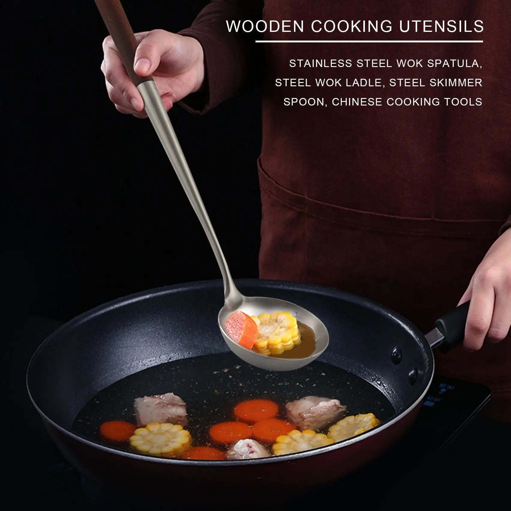 Gancio Per Wok In Acciaio Inossidabile | Manico In Legno, 17 Pollici | Per Wok Fino A 16 Pollici - Foto 2