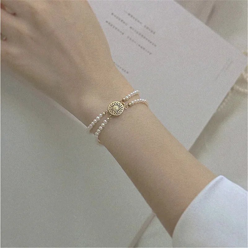 

High Quality Double Layer Natural Freshwater Pearl Beads Ladies Bracelet Women Gold Plated Wedding Party Jewelry Girlfriend Gift