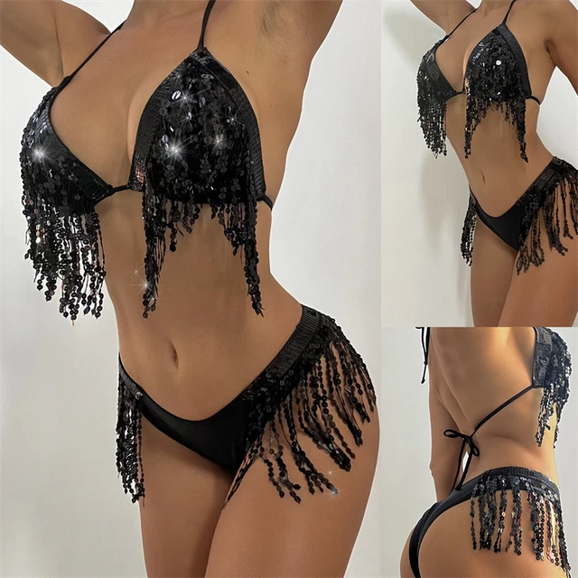 New Year's Sexy Women's Swimsuit Push Up Padded Black Sequin Tassel Bikini  Pool Prom Party Swimwear Beachwear - AliExpress