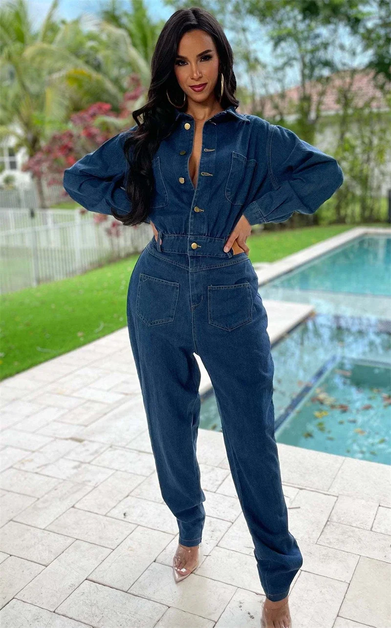 

Streetwear Jean Cargo Jumpsuits Women Fall Y2K Clothing Turn Down Collar Denim Rompers Playsuits One Piece Suit Overalls Outfits