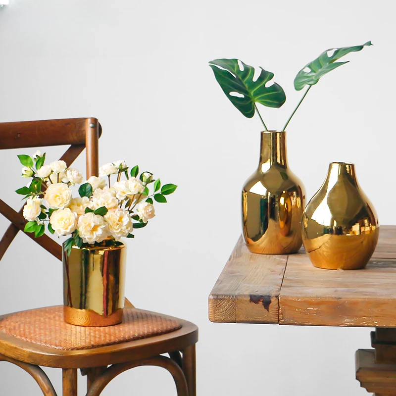 

Fashion European Style Simple Golden Ceramic Flower Arrangement Small Vase Modern Creative Living Room Decoration