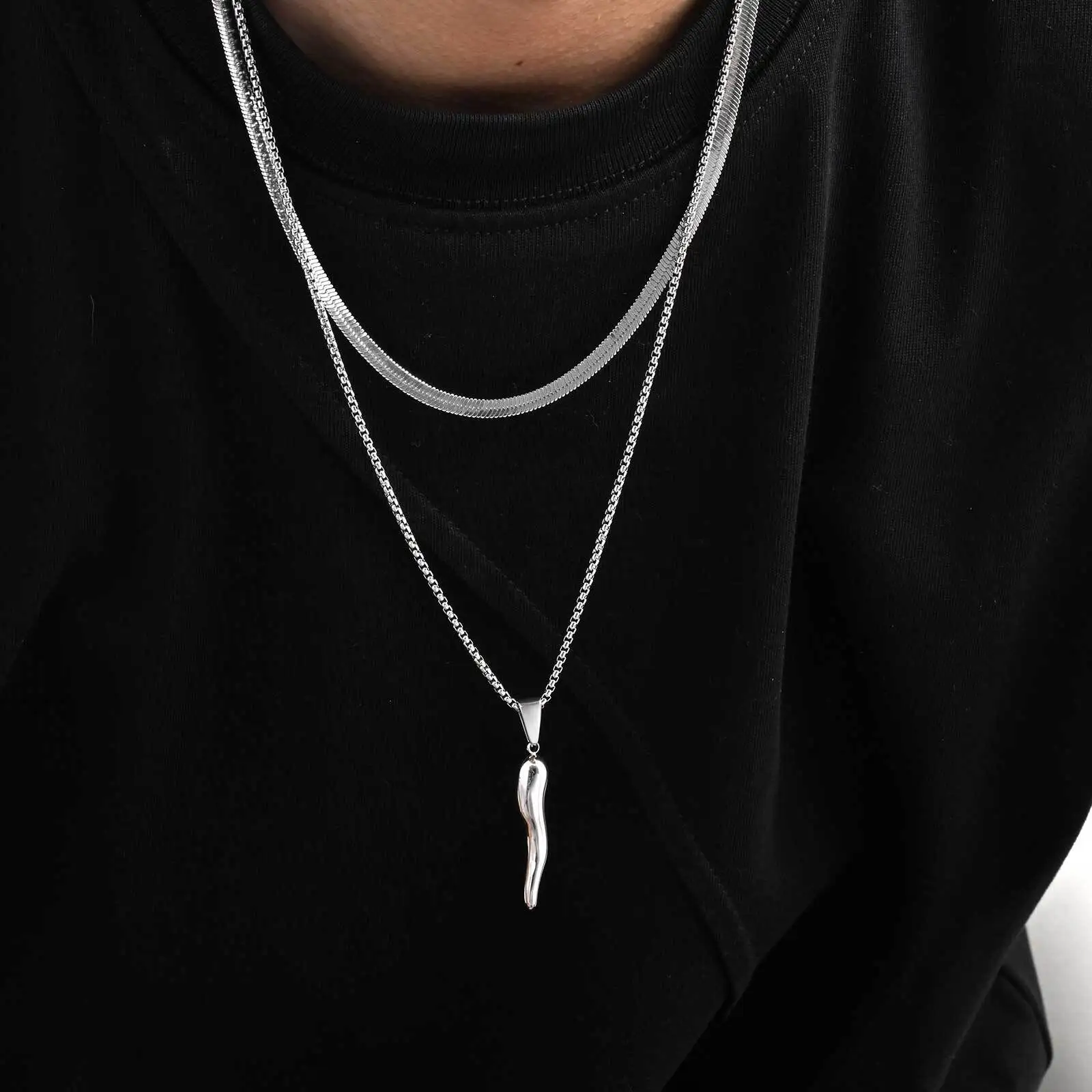 Stacked Italian Horn Necklace for Men Boys,Stainless Steel Chili Pendant Necklaces,Stylish Classic Jewelry Gifts