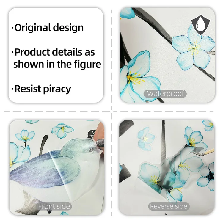 Wandaufkleber mit blauen Blumen, Zweigen und Vögeln, Wohnzimmer-Hintergrunddekoration, Wandbild, Schlafzimmer, Heimdekoration, selbstklebende große Aufkleber – Detail 3