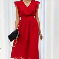 Plus Size Women's Retro Elegant Red Ruffle Sleeve V-Neck Midi Dress Shimmer Fit & Flare Evening Cocktail Dress (0XL-4XL) - Image 4