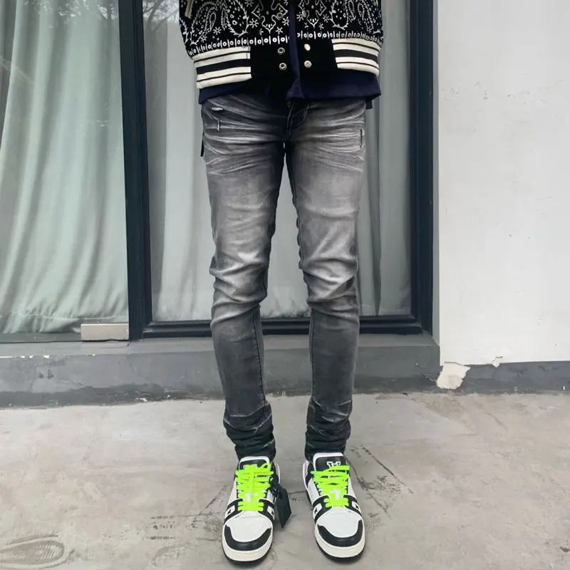 

High Street Fashion Men Jeans Retro Gray Designer Stretch Skinny Fit Ripped Jeans Men Elastic Buttons Fly Hip Hop Brand Pants