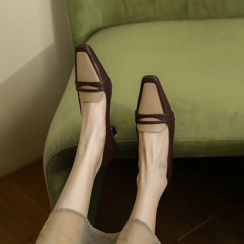

2022 Women Shoes Split Leather Spring/autumn Shallow Slip on Pumps Square Toe Med Heel Women Shoes Heels Shoes for Women