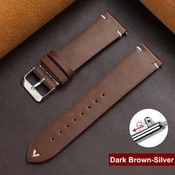Vintage Brown Leather Watch Band with Quick Release Mechanism - Universal Lightweight Strap - 22mm (Dark Brown - Silver)