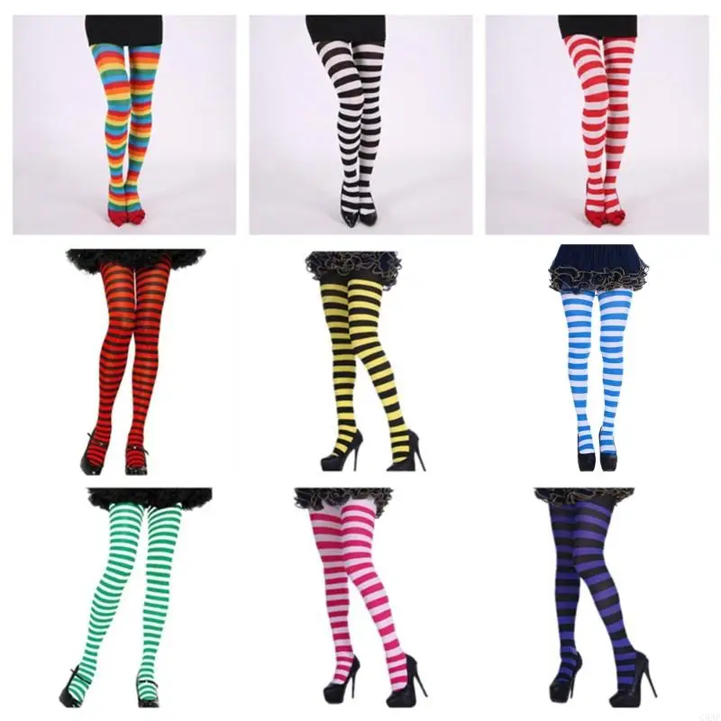C5AF Womens Horizontal Striped Tights Multicolor Opaque Pantyhose Stockings Partywear