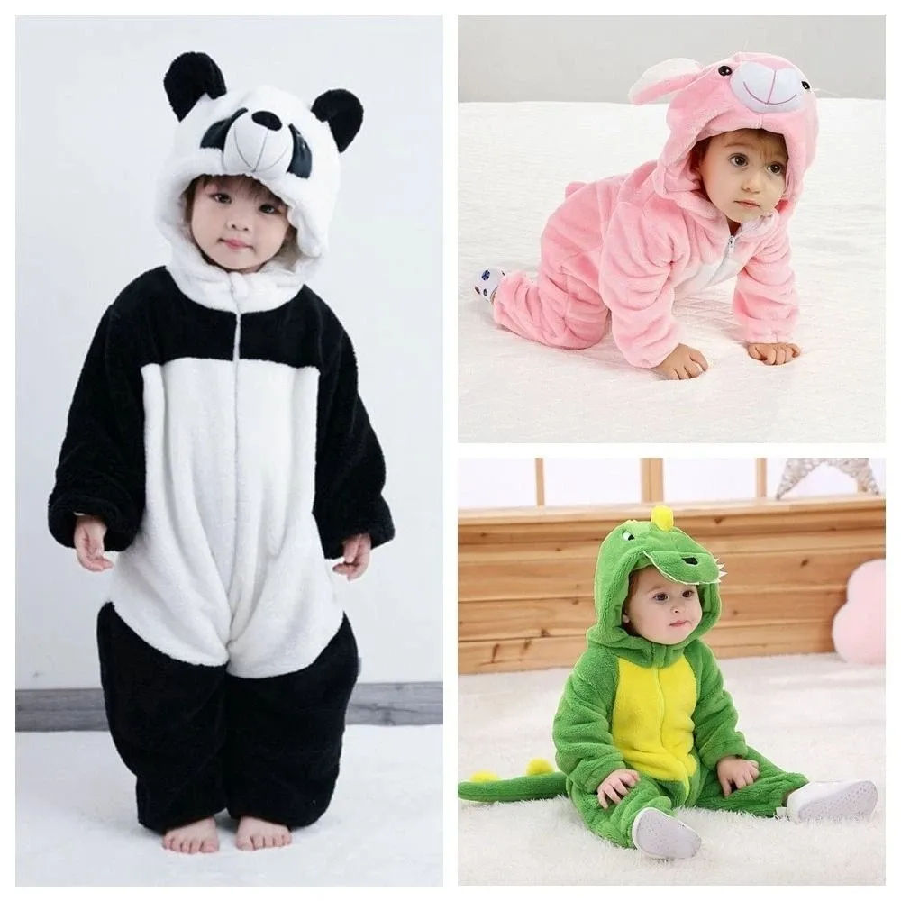 Keep Warm Coral Fleece Baby Hooded Rompers Soft Animal Infant Jumpsuits Comfortable Dinosaur Children Pajamas Autumn