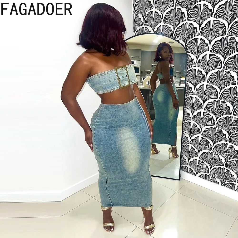 FAGADOER Fashion Personalized Trend Streetwear Women Denim Belt Sleeveless Backless Tube And Zipper Slit Skinny Skirts Outfits
