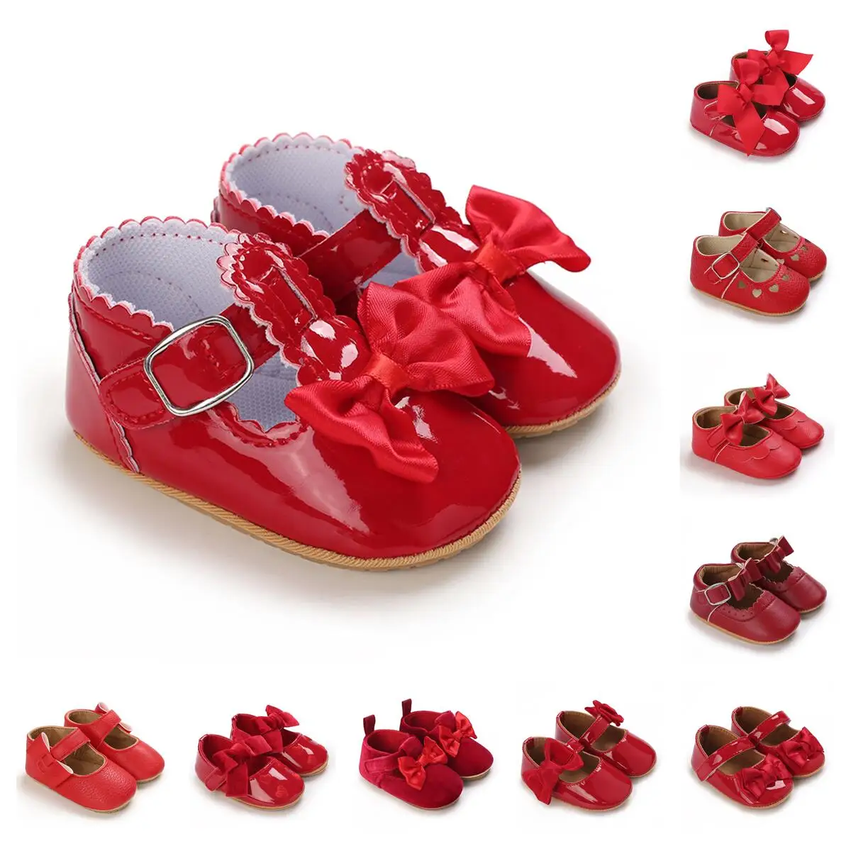 Spring and Autumn New Newborn Girl Infant Anti slip Walking Shoes, Girl Baby Red Comfortable Rubber Sole Bow Shoes Walking Shoes 1
