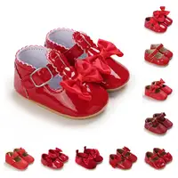 Spring and Autumn New Newborn Girl Infant Anti slip Walking Shoes, Girl Baby Red Comfortable Rubber Sole Bow Shoes Walking Shoes 1