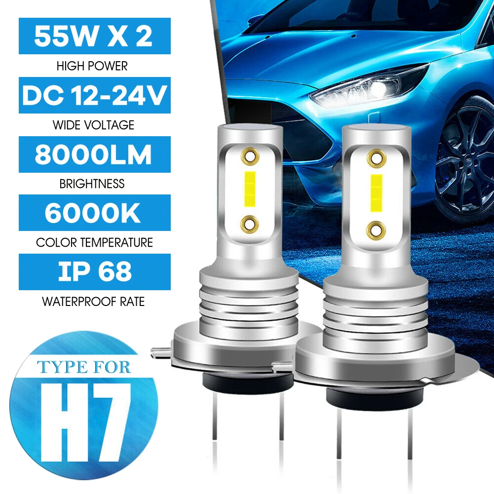 

2Pcs H7 LED Car Headlights High Low Beam Conversion Kit High or Low Beam 55W 8000LM 6000K Super Bright Auto Fog Lights Bulbs