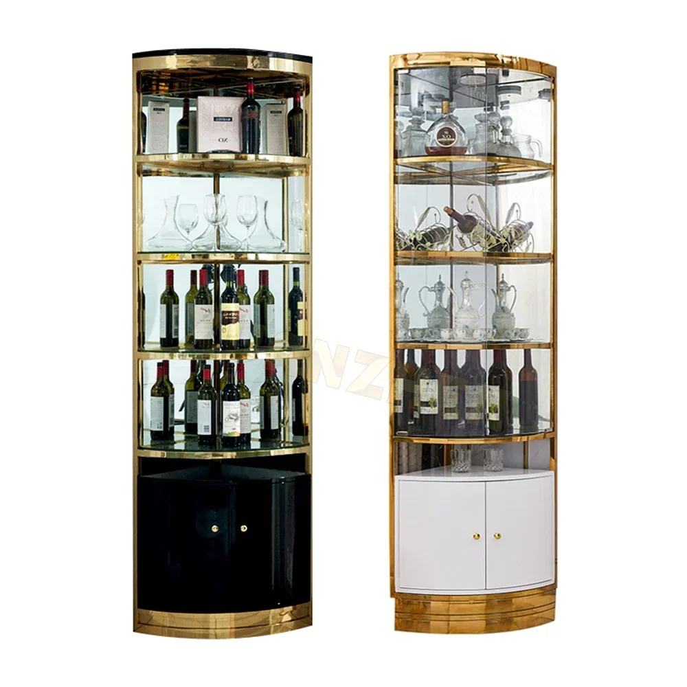Modern Living Room Stainless Steel Metal Frame Wine Display Cabinet Luxury Double Door Glass Corner Bar Wine Storage Cabinet