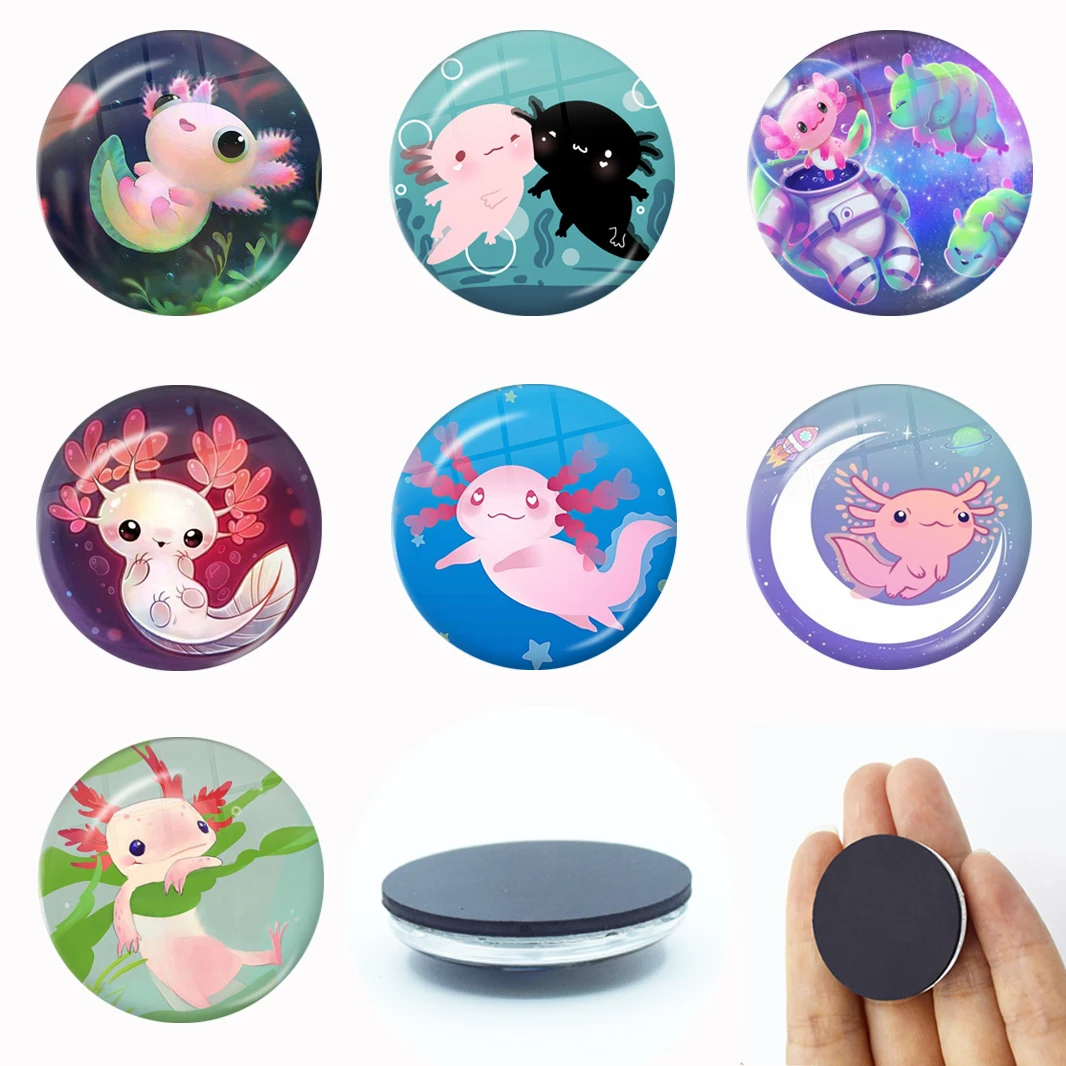 

New Cute Axolotl Fridge Magnet 30MM Glass Cabochon Magnetic Refrigerator Stickers Note Holder Home Decor Gift