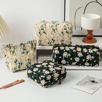 Ins Women's Canvas Makeup Organizer Bags Zipper Wash Skincare Storage Bag Case Daisy Embroidery Girl Pencil Case 1