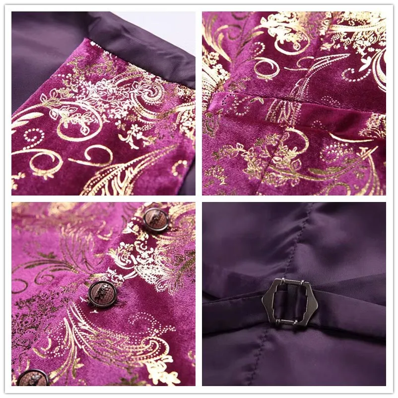 Pink Vests Victorian Waistcoat Men Gilet Costume Homme Vintage Gold Bronzing Floral Printed Party Dress Suit Vest Mens Chalecos