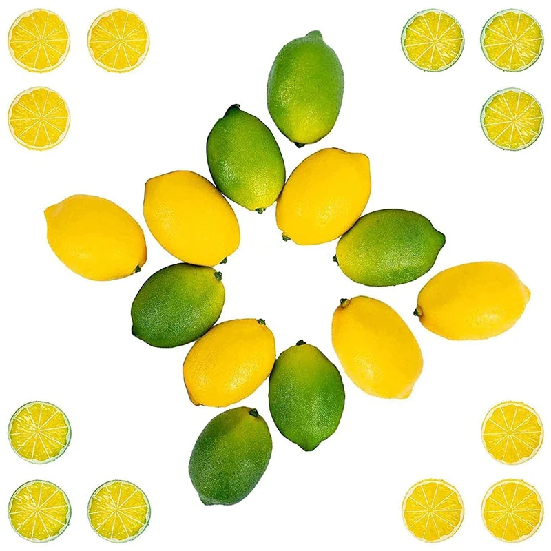 

24PCS Vivid Fake Lemons Limes And Slices Set, Artificial Fruit Decorations For Home Kitchen Table Cabinet Weddings-Drop Ship