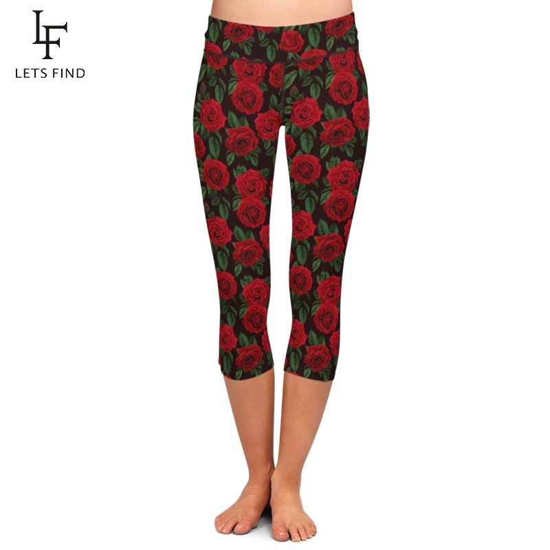 LETSFIND Red Rose Print Women Leggings Elastic Capri Legging High Waist  Mid-Calf 3/4 Stretch Casual Leggings