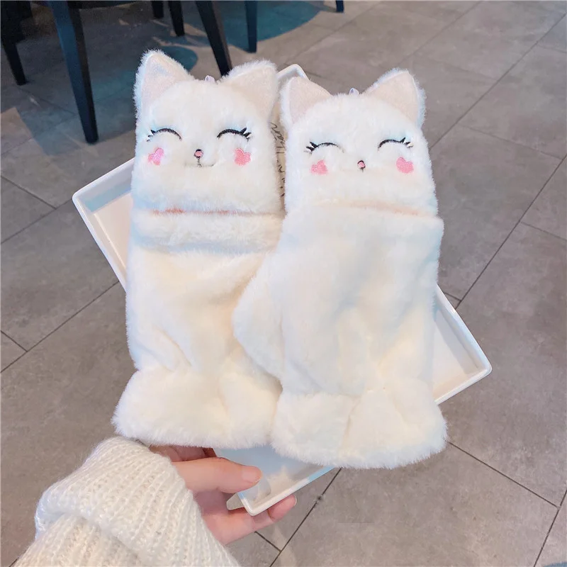 플러시 고양이 토끼 장갑 플러시 손가락없는 장갑, 겨울 사이클링 장갑, 부드럽고 따뜻한 두꺼운 장갑, 여자 반 손가락 장갑