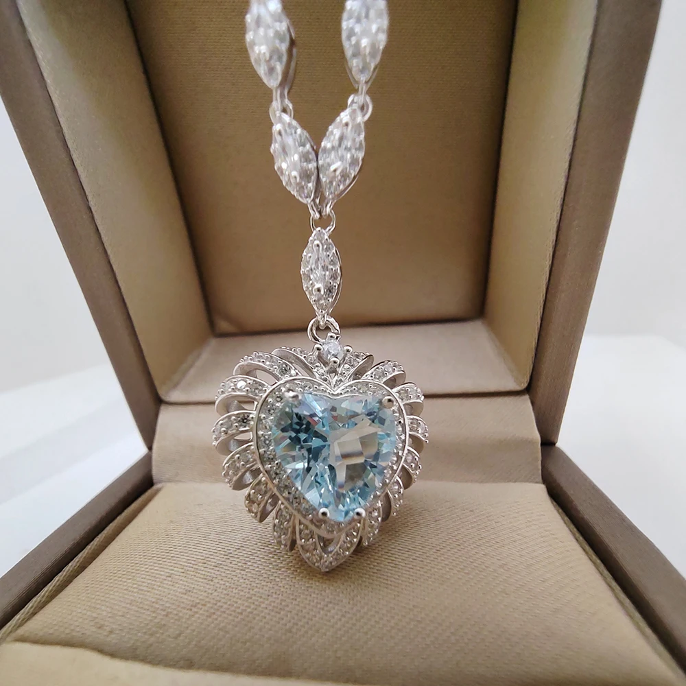 Luomansi 10MM Heart Blue topaz Necklace S925 Silver High Quality