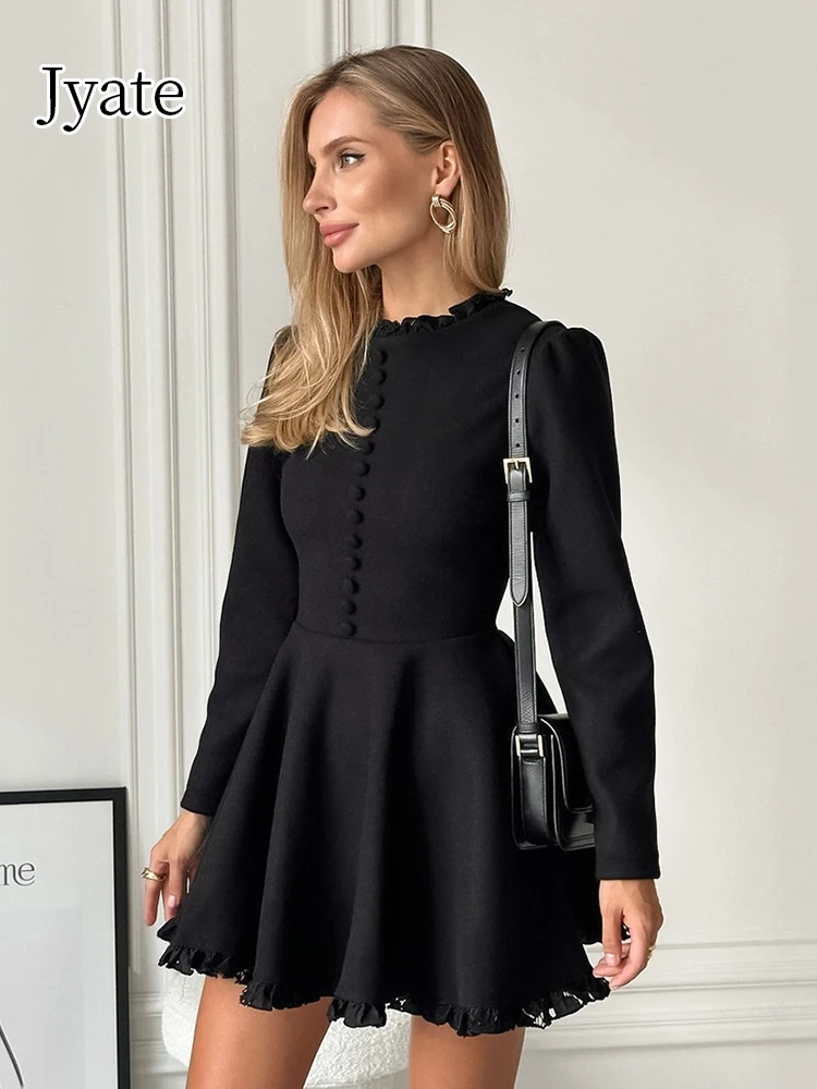 

Jyate Black Round Neck Womens Dresses 2024 French Lace Long Sleeve Mini Dress Female Fashion Single Breasted High Waist Dresses