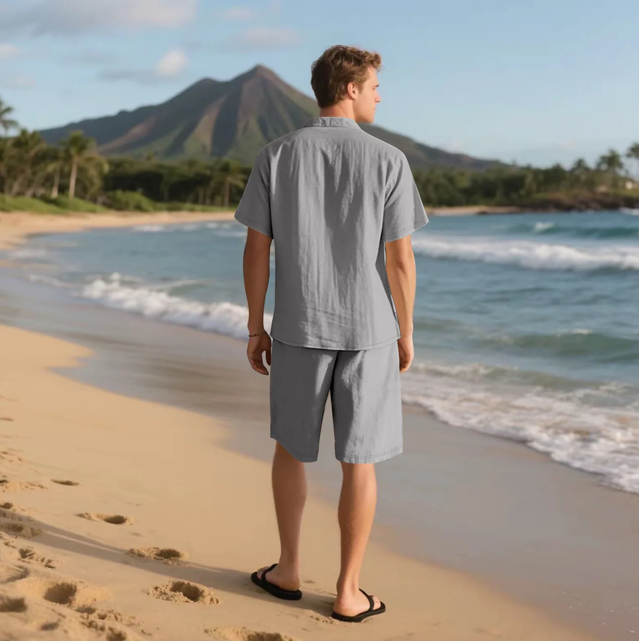 Summer Men's Solid-Color Linen Beach Suit, Lapel Button Short-Sleeved Shirt Paired With Drawstring Shorts, Casual 2-Piece Set