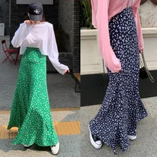  South Korea 2022 Summer new floral Chiffon skirt for women retro draping thin pleated skirt A-line long skirt 