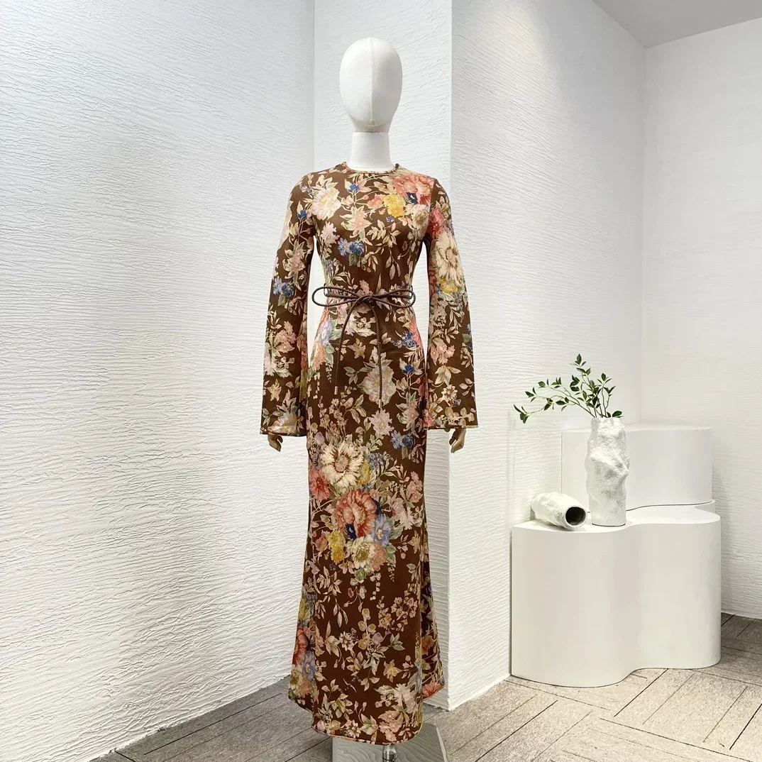 

New Collection Flower Printing Vintage Classic High Quality Flare Sleeve Belted Women Midi Dress for Holiday