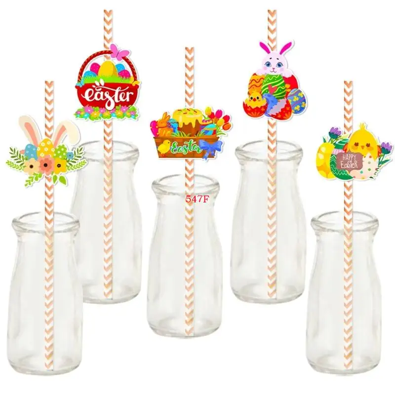 547F 24pcs Easters Themed Stripe Paper Straw for Picnics Eggs Rabbits Biodegradable Drinking Straw Birthday Party Supplies