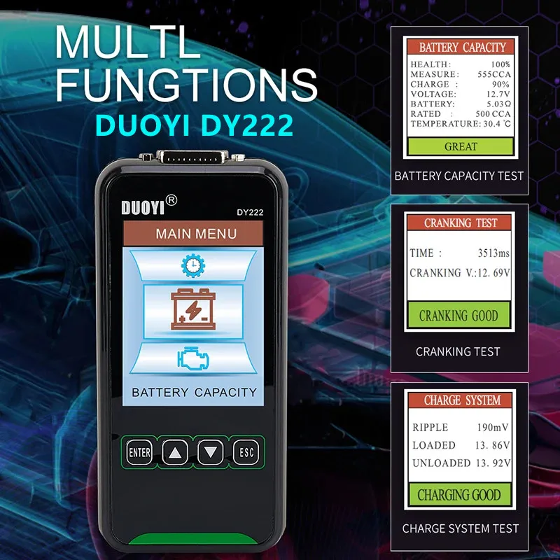 

DUOYI DY222 Car Battery Tester 12V/24V Digital Automotive Diagnostic Battery Tester Analyzer 2000CCA Cranking Charging Test Tool