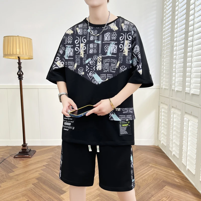 New Summer Men's T-Shirt And Shorts Sets 2023 2-Piece Tracksuit Clothes Sport Outwear Short Sleeve Top Tee&Knee-Length Pant Suit