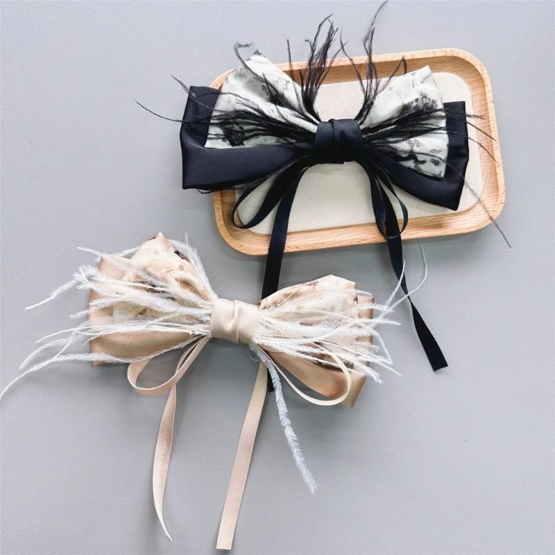 

Vintage Ribbon Bow Tie with Feather Adjustable Pins Jewelry French Brooch Feather Pins Elegant Jewelry