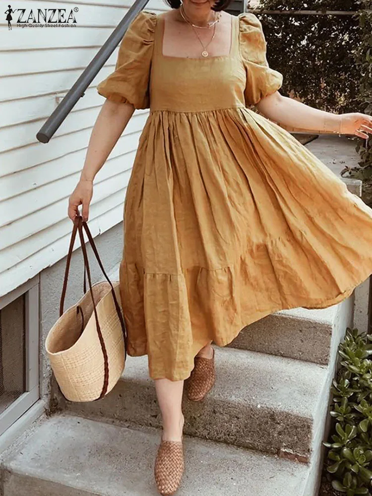 

ZANZEA Casual A-line Midi Dress Women Elegant Puff Short Sleeve Party Dresses Holiday Square Neck Solid Vestidos Tiered Robes