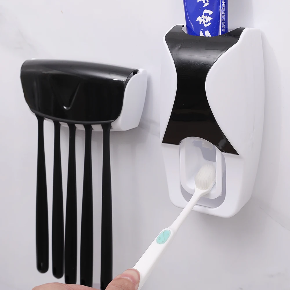 Toothbrush Holder with Toothpaste Dispenser Wall Mounted Toothbrush Razor Storage Rack Bathroom Toothpaste Squeezer