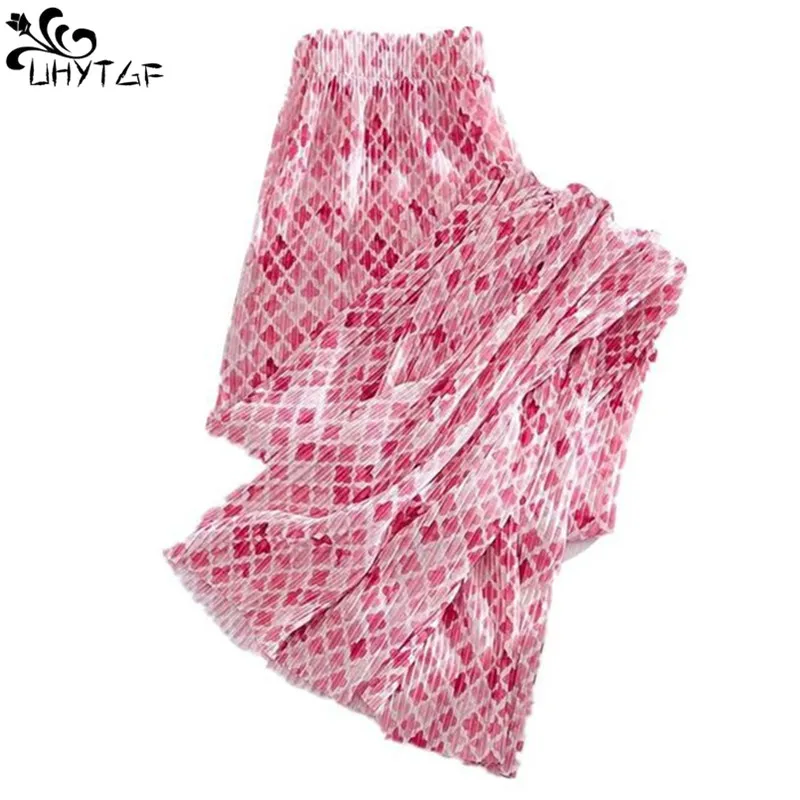 

UHYTGF Ice Silk Wide Leg Pants Women Summer New Thin Style Fashion High Waist Straight Fold Loose Casual Ladies Cool Trousers352