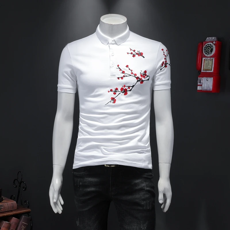 

Summer Flower Embroidery Polo Shirts Men Short Sleeve Business Social Polos Casual Slim Streetwear Lapel Tee Tops Men Clothing