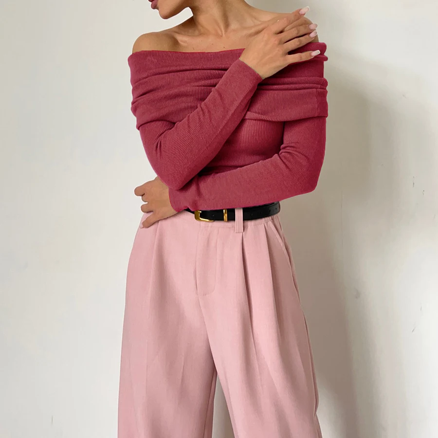 2025 New Arrival Women Spring Sexy Off The Shoulder T Shirts Pullovers Stretch Women Long Sleeve Slim Tops Pull Femme 3