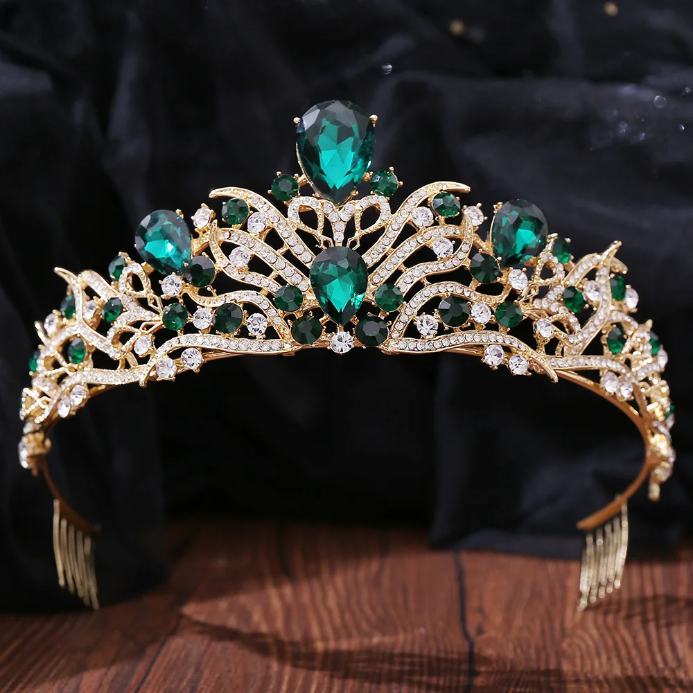 DIEZI Baroque Green Crystal Crown Bride Tiara For Women  display picture 1