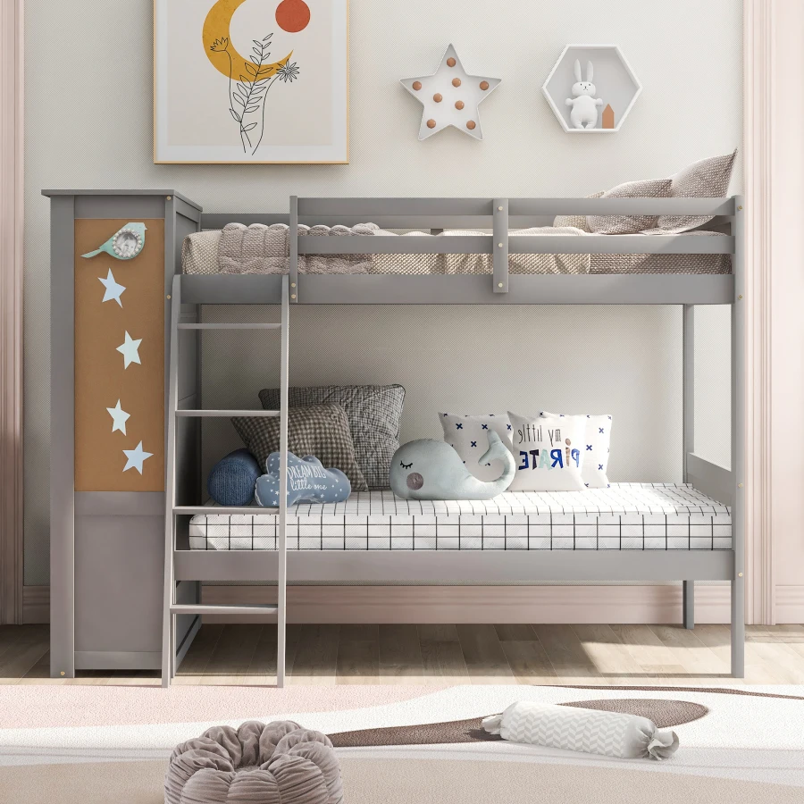 Wood Twin Over Twin Bunk Bed with Bookcase and Ladder, Multi-Functional Combination of Bunk Bed (Gray)