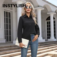 Chemise élégante pour femmes, chemisier en mousseline de soie à boutons, printemps été, décontracté, uni, manches longues, col rabattu, tuniques, chemisier OL, hauts 5