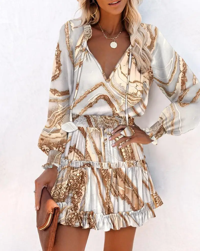 

Fashion Dress Women Elegant V Neck Mini Leopard Print Evening Dresses 2023 Long Sleeve Casual Summer Lace Up Robe Women's Gown