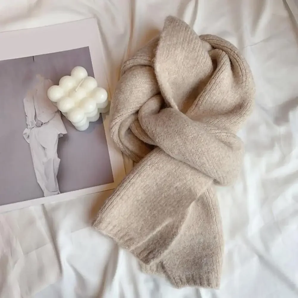 Knitting Scarf Solid Color Thickened Warm Women Scarf Cold Weather Thermal Neck Wrap Casual Outfit Scarf 4