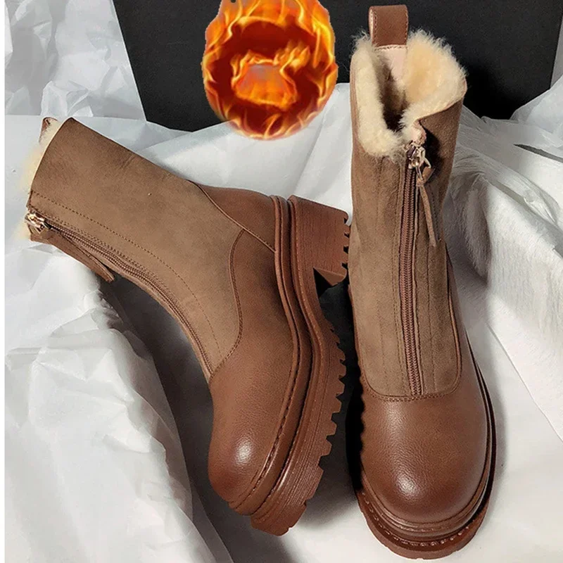

Mid-Tube High-Top Round-Toe Women's Short Boots Frosted Leather Thick-Soled Korean Leather Plush Women's Snow Boots