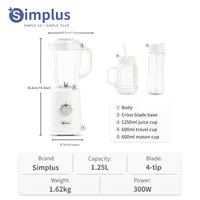 Simplus 1.25L Multi-function Food Processor Blender 3 Blending Modes 3 Interchangeable Cups Travel Cup Mason Cup, Juicer blender 2