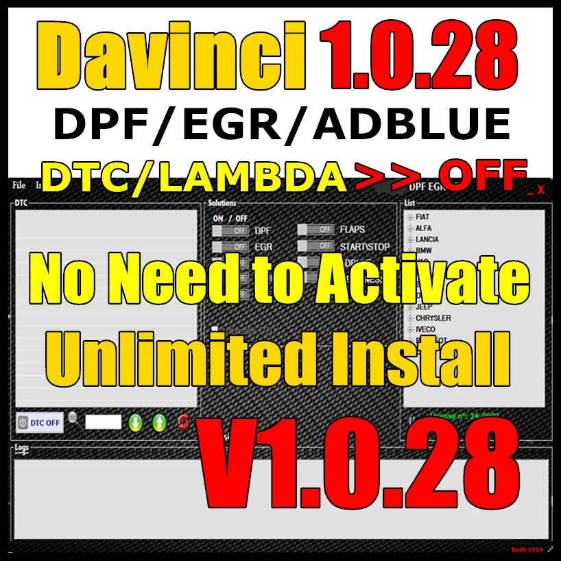 Tanie Nieograniczona instalacja Davinci 1.0.28 DPF EGR klapy ADBLUE OFF CHIPTUNING REMAPPING SW