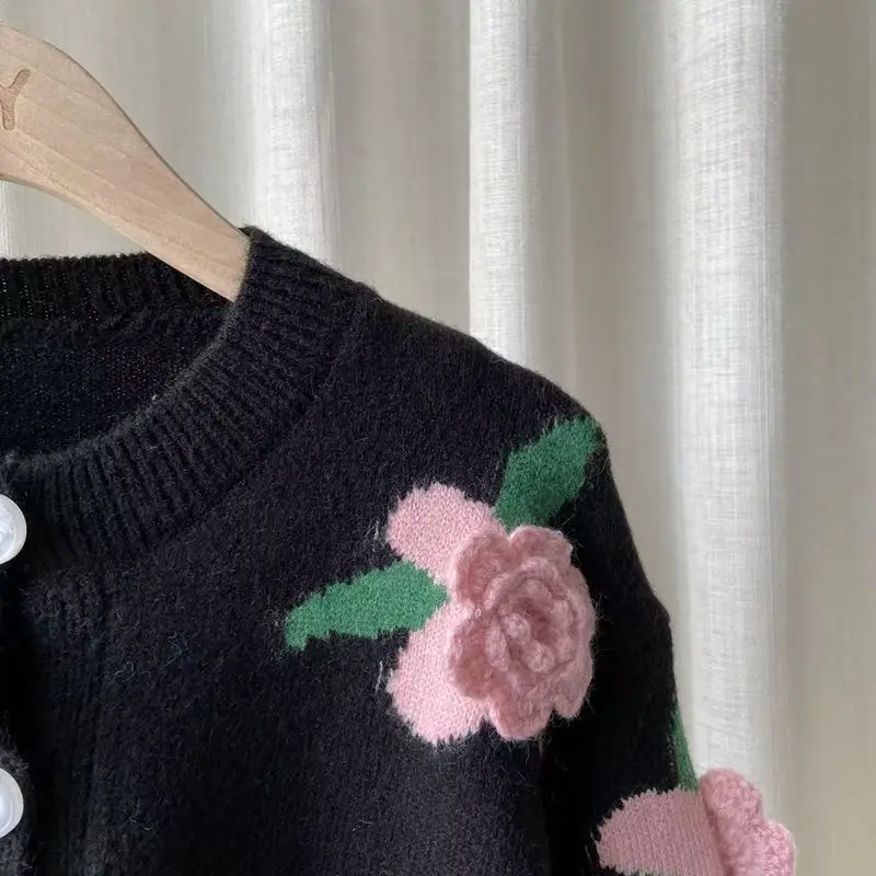 Casual Sweater Female 2023 Cardigan Women Sweater Loose Outer Coat Long Sleeve 3D Flower Round Neck Knitted Cardigan Female 2